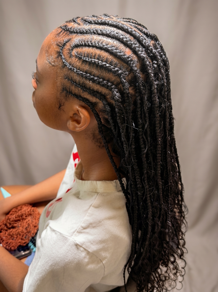 Child with neat cornrow knotless braids and curly ends